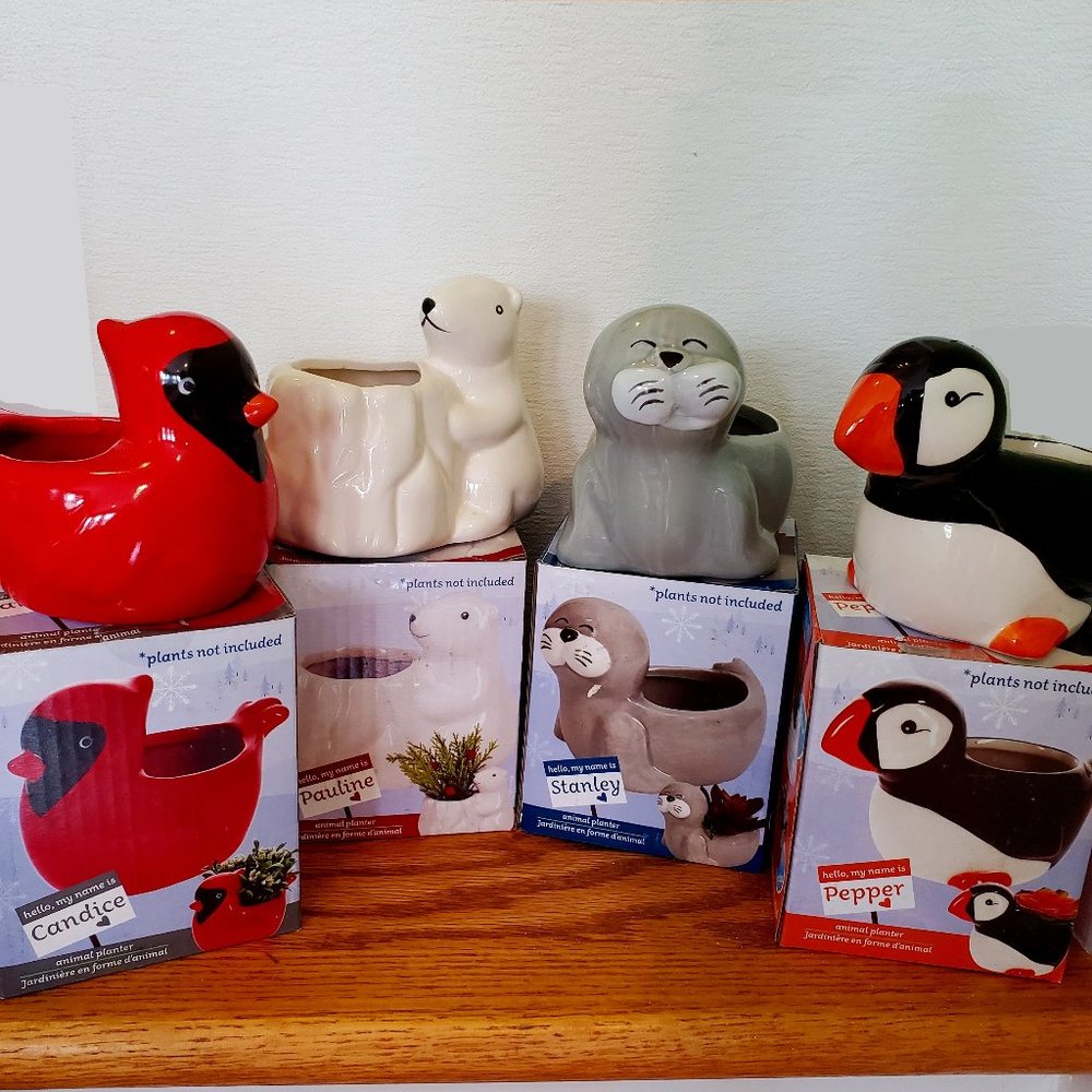 Animal Planters, New Winter 2021 4pc Set, Cardinal Polar Bear Puffin Seal - Picture 1 of 11
